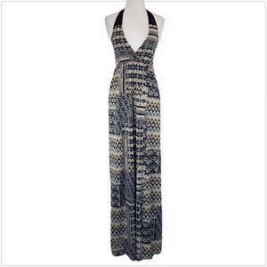 Sweet Pea Long Black White Beige Print Empire Waist Halter Maxi Summer Dress S